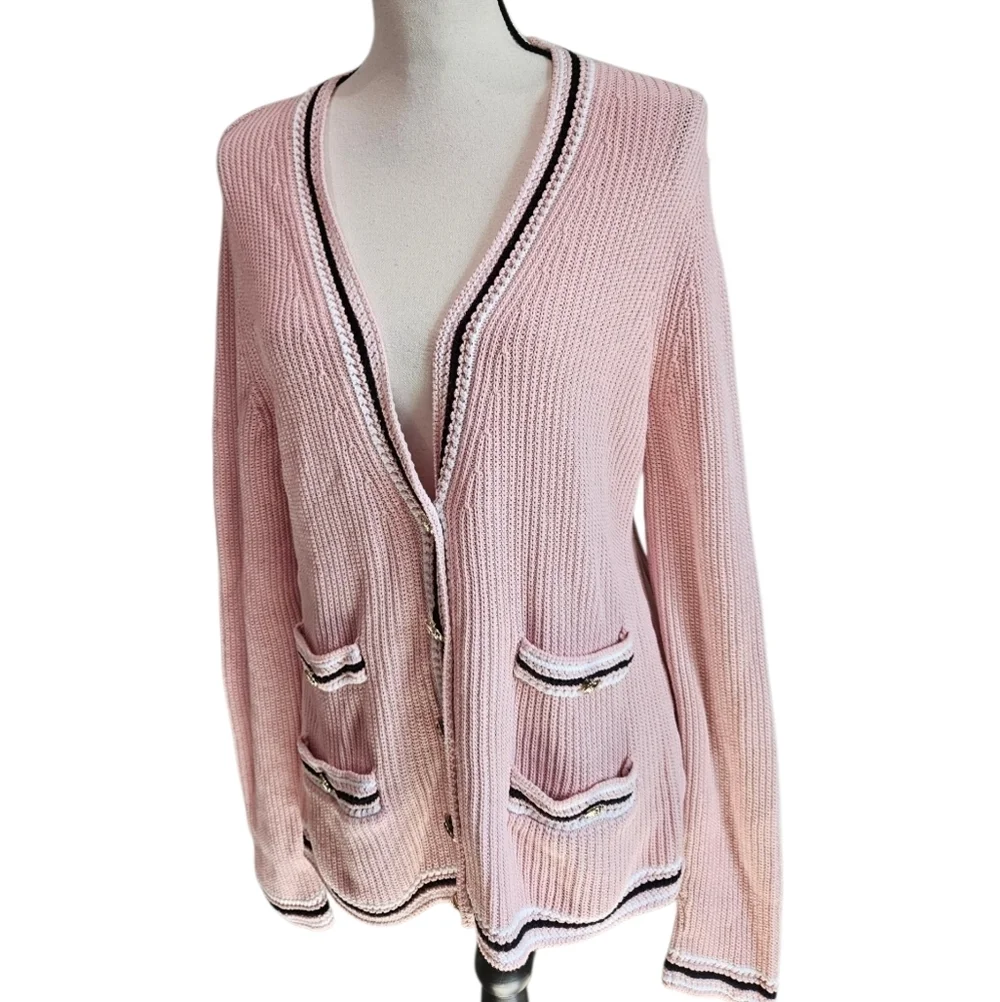 Talbots Gold Button Preppy Cotton Pink V-Neck Women's Cardigan Sweater